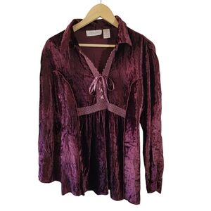 VTG Y2K Burnt Out Velvet Purple Long Sleeve Boho Top Sz L Lace Trim Whimsigoth
